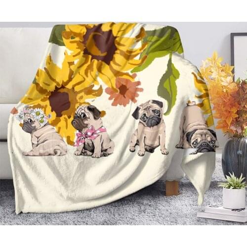 DARMIAN Pug Dog/Boston Terrier with Sunflower Print Cute Throw Warm Bedroom Sofa Soft Summer Single Fleece Quilts Travel Blanket