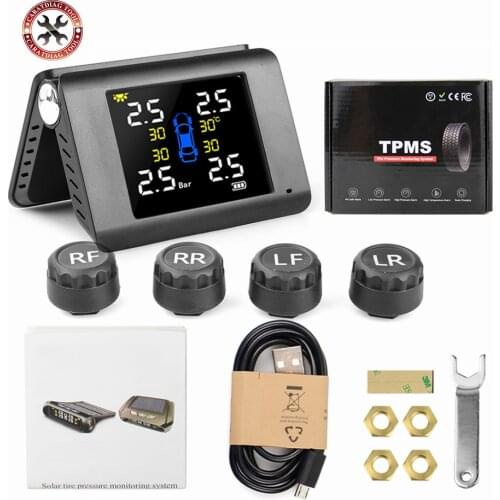 Original Folder Solar Power USB TPMS Car Tire Pressure Monitoring System LCD 4 External for SUV Car Temperature Warning
