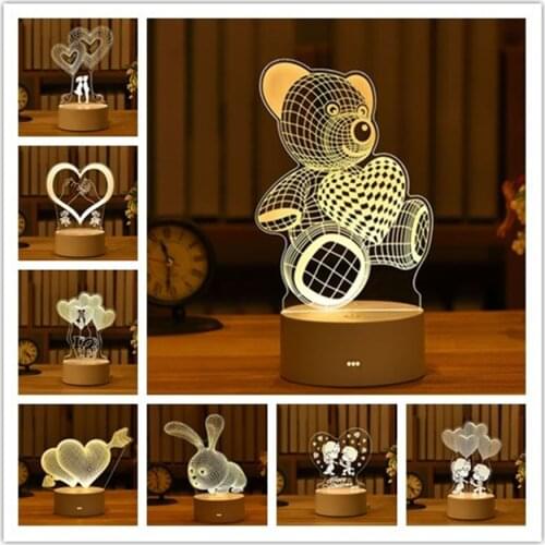 Dropshipping Night Light Birthday/Valentines Day/Easter Decoration Gift 3D Lamp Acrylic LED Bear Ros Rabbit Kid Present Wedding
