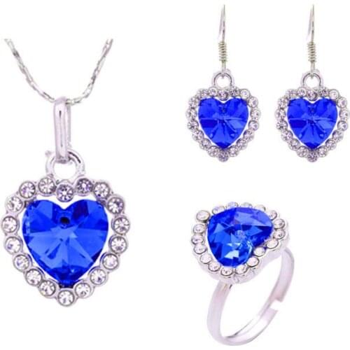 QiLeSen Fine jewelry 925 sterling silver suitable for ladies set, Ocean Heart Royal Blue Necklace Earring Ring Set YW159