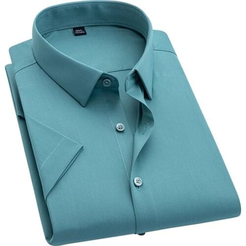 AOLIWEN men summer bamboo fiber turquoise green solid color short sleeve shirt new casual anti wrinkle breathable slim shirt 5XL