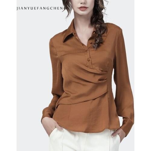 Stylish Womens Long Sleeve Irregular Placket Blouse Brown Turn-Down Collar POLO Shirt 2021 Autumn New Elegant Slim Female Tops