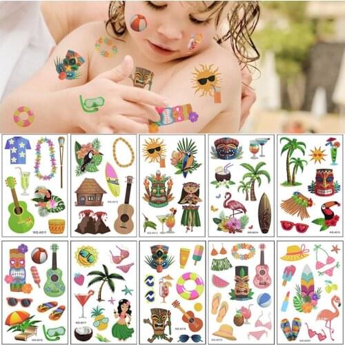 10Pcs Hawaii Holiday Style Temporary Tattoo Tropical Palm Leaves Flamingo Pattern Stickers For Summer Party Arm Face Fake Tattoo
