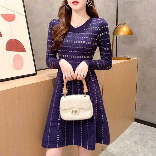 Knitted Sweater Dress Women Autumn Winter 2020 New Fashion Long Sleeve Middle Waist Striped A Line Knitted Dresses Vestidos
