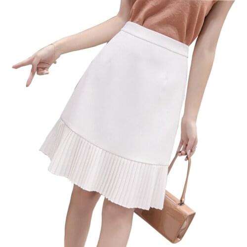 Ruffle Pleated Knee Length Womens Skirt 2020 Summer High Waist A Line Hip Package Elegant Skirts Ladies Office Work Faldas Saia