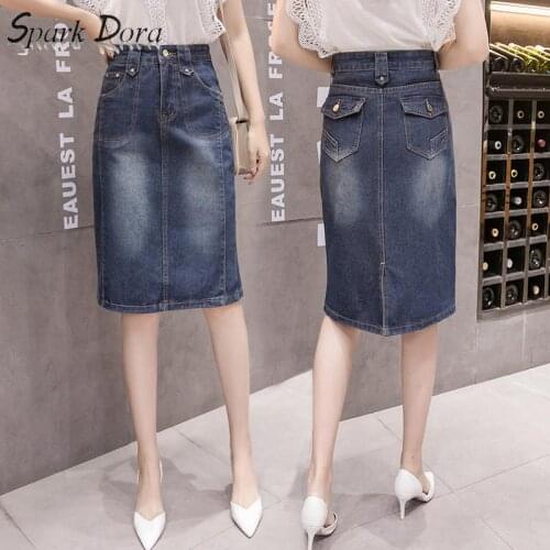 SparkDora Plus Size Elegant Knee Length Women Jeans Pencil Skirt For Pocket 2020 Streetwear Denim Midi Skirt Femme Saias Jean