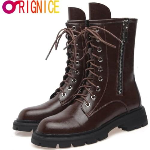 Orignice Zipper Chunky Autumn Ankle Boots For Women Thick Heel Platform Genuine Leather Lace Up Round Toe Daily Life Wild Shoes