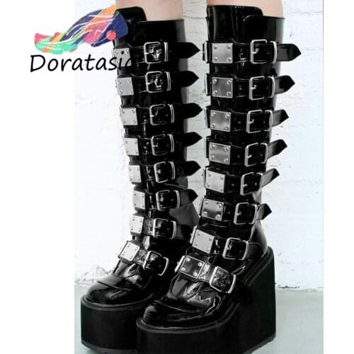DORATASIA INS Hot Sale Big Size 43 Women Shoes Solid Buckle Zipper High Wedges Platform Boots Women 2021 Brand Punk Shoes