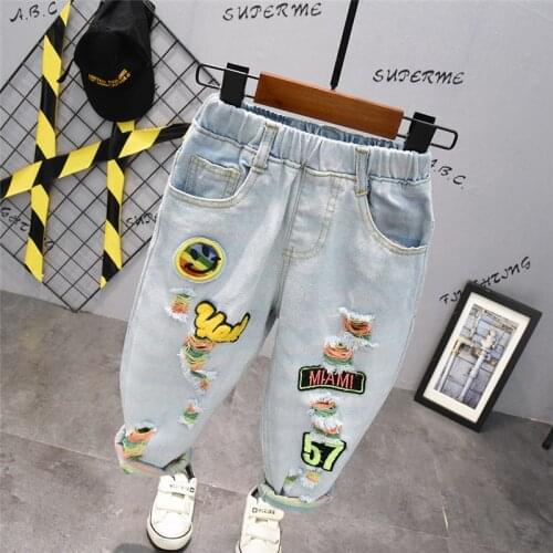 2 3 4 5 6 Years Toddler Boys Jeans Cartoon Printed Colorful Hole Denim Pants For Boys High Quality Children Pants Boys Trousers