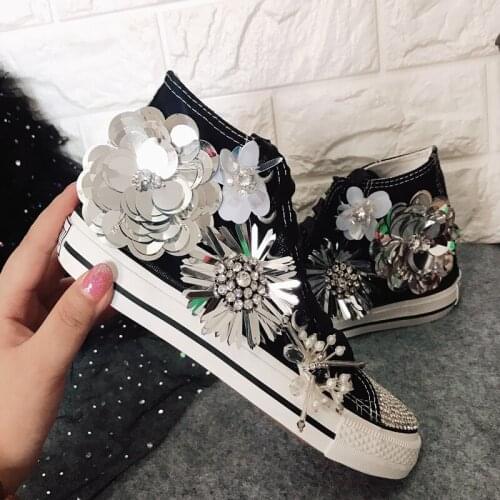 Spring and summer canvas shoes womens handmade custom three-dimensional flower beaded rhinestones 6CM casual flat shoes