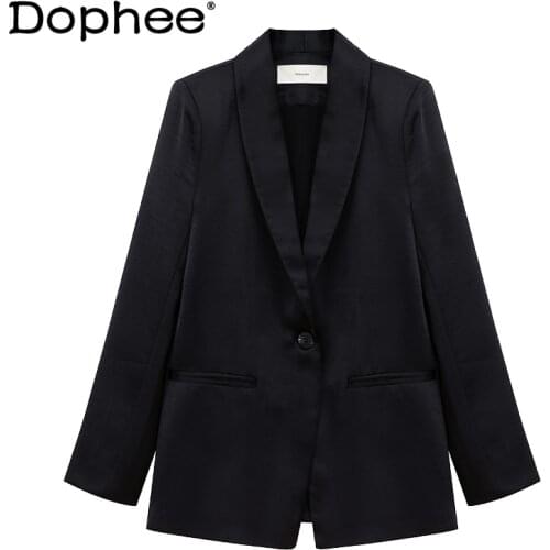 Black Elegant Simple Suit Jacket for Women 2021 Summer Thin Business Blazer One Button Satin Straight Sun Protection Coat