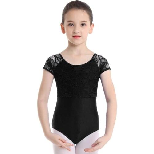 Girls Short Sleeves Romper Floral Lace Bowtie Shaped Back Leotard Ballet Dance Gymnastics Jumpsuit Round Neck Stretchy Bodysuit