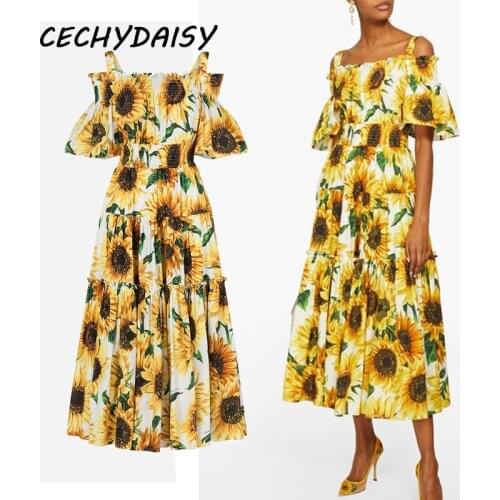 Runway 2021Dress Women High Street Off-Shoulder Prairie Chic Sunflower Print Slash Collar Vacation Beach Midi Summer Dresses Y2k
