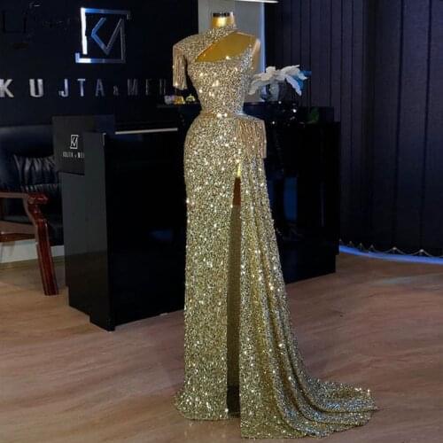 Sequined Long Evening Dresses High Neck Sexy Split Chic Prom Dress Arabic Dubai Custom Party Night Gowns Women Gala Wear