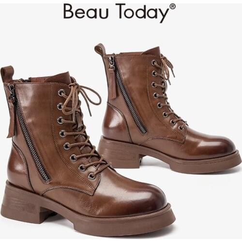 BeauToday Ankle Boots Women Cow Leather Waxing Round Toe Oblique Zippers Metal Eyelets Ladies Motorcycle Shoes Handmade 04474
