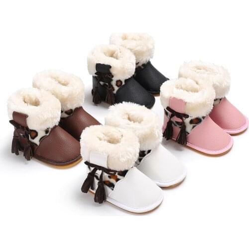 Winter 0-1 years old baby plus velvet warm tassels leopard print snow boots rubber bottom non-slip baby toddler shoes