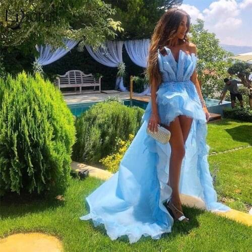 Pretty Sky Blue High Low Prom Dresses 2020 Ruffles Beaded Long Prom Gowns Off The Shoulder Feather Formal Party Dress Vestidos
