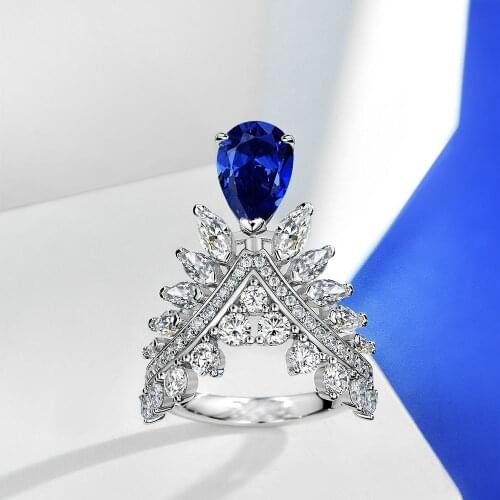 Elegant 100% 925 Sterling Silver Rings Pear Cut Sapphire Created Moissanite Gemstone Hyperbole Cocktail Ring Ladies Fine Jewelry
