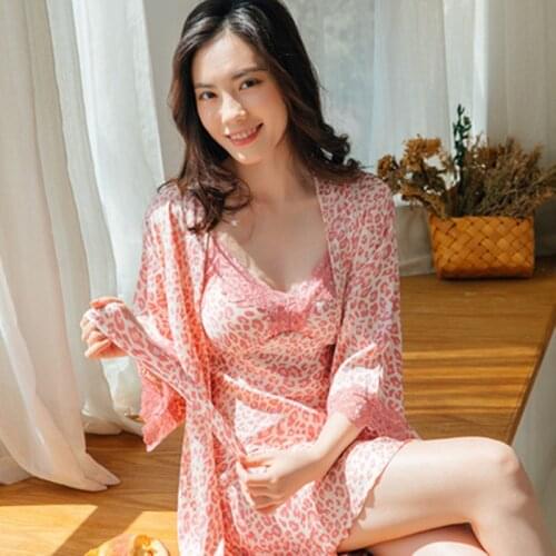 Leopard Pajamas Set Womens Sexy Pajamas Long Belt Robe Vest 2Piece/Set Womens Home Silk Rayon Fashion New Sleepwear