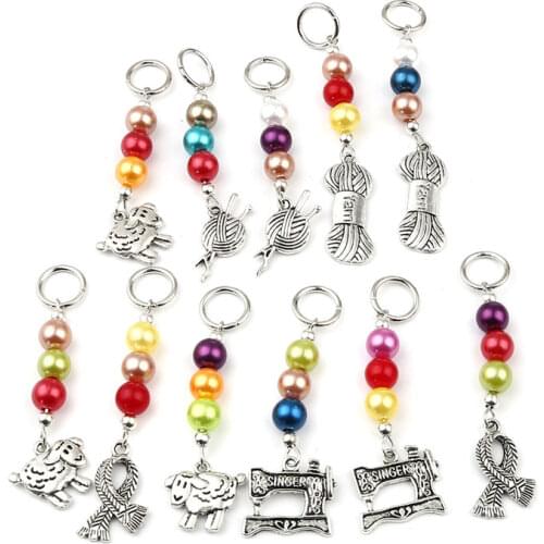 10PCs Zinc Based Alloy & Acrylic Sewing Machine Knitting Stitch Markers Antique Silver Color At Random Color For Knitting Tools