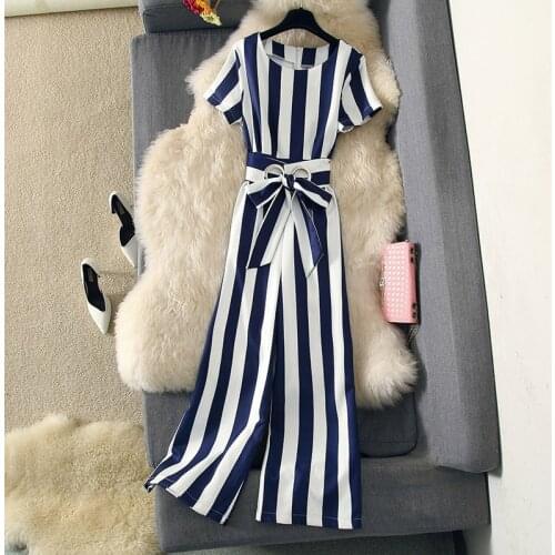 Fashion temperament jumpsuit Women High Waist chiffon Rompers stripe clothes Belt Female Wide leg pants womens summer 2021New