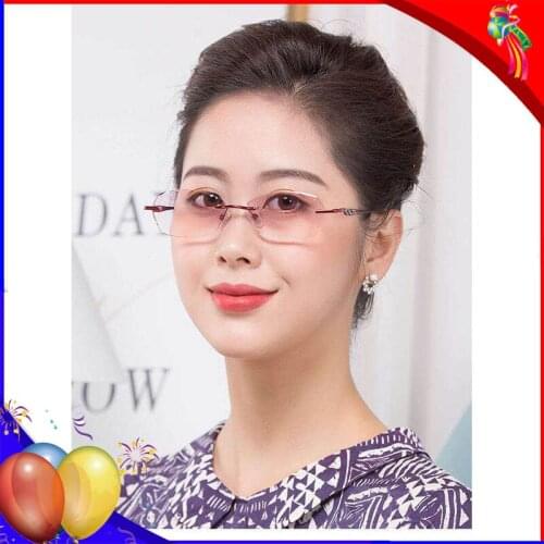 Fashion Rimless Reading Glasses for Women Blocking Harmful Light Eyeglasses Anti-blue Rectangular Alloy Frame Diamond Cut Eyewe