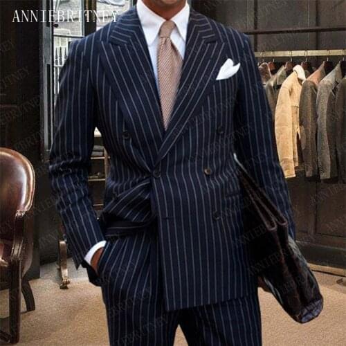 ANNIEBRITNEY Men Suits for Wedding Navy Blue Stripes Printed Tuxedo Man Suit Slim Fit Groom Suits Set Custom Formal Suit for Men