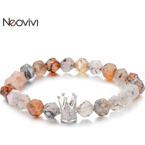 Neovivi Natural Stone Faceted Beads Jewelry Stretchy Bracelets Micro Pave CZ Crown Bracelets for Women Men Fashion Bangles Gifts
