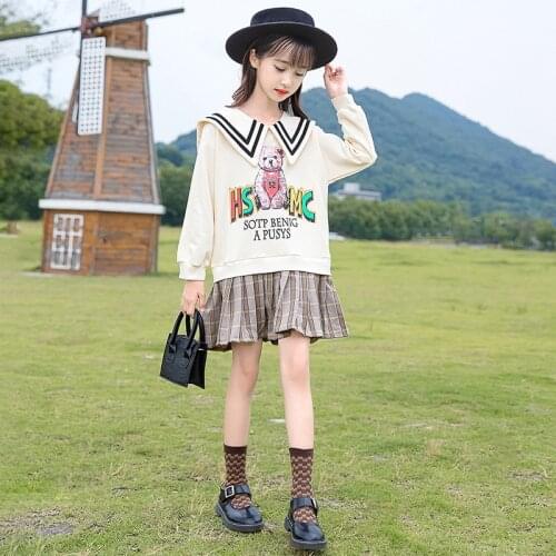 Girls Autumn Suit Childrens Dress Sailor Collar Lapel Cartoon Print Shirt Short Skirt Childrens Fake Two-piece Set