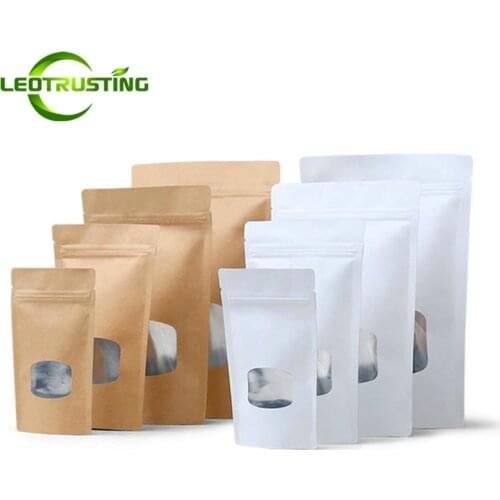 3D 50pcs White Kraft Paper Window Zip Lock Bag Coffee Snacks Tea Chocolate Thick Resealable Gift Packaging Pouches