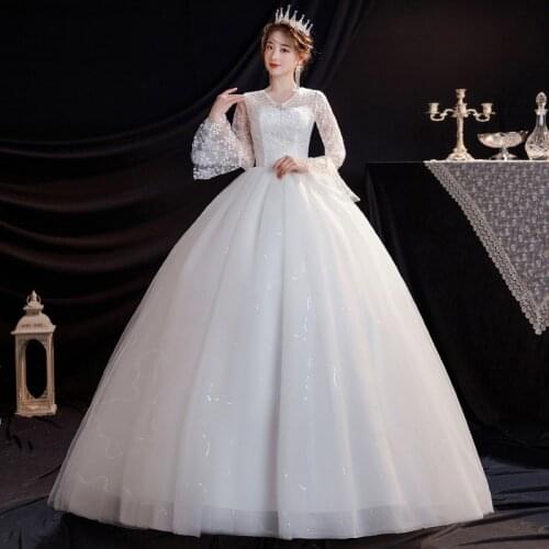 Popodion Bridal Lace Wedding Dress V-neck Plus size wedding gown long sleeve wedding dresses nice and simple dress ROM80249