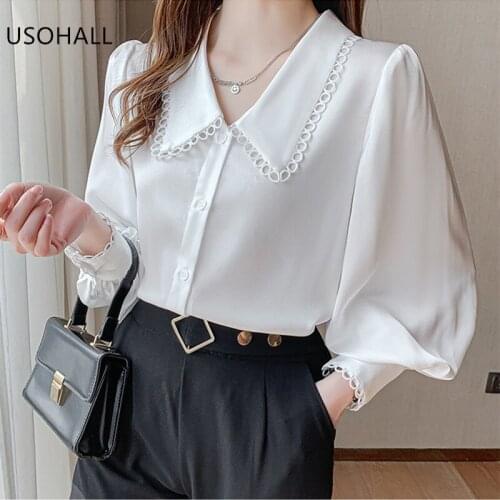 USOHALL Fashion Spring White Shirt Lantern Sleeve Peter Pan Collar Loose Chiffon Blouse