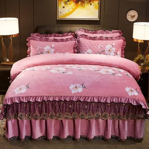 Velvet Comforter Bedding Sets Queen Print Duvet Cover Set 200x230cm King Size Floral Fitted Lace Bedskirt Soft Warm Luxury 4pcs