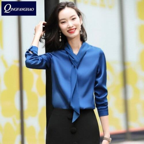 High Quality New design sense niche V-neck shirt ol drape professional long-sleeved ribbon top