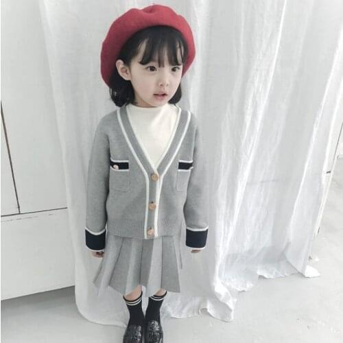 High Quality Baby Girl Clothes Sets British College Kids Girl Knit Sweater Cardigan and Pleated Skirt 2 Piece Set Children Gifts