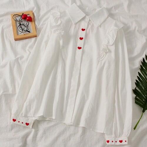 Embroidery Love Heart Blouse Women long sleeve Casual loose Ladies Blusa Shirts 2020 Spring Fashion Single Breasted shirt top