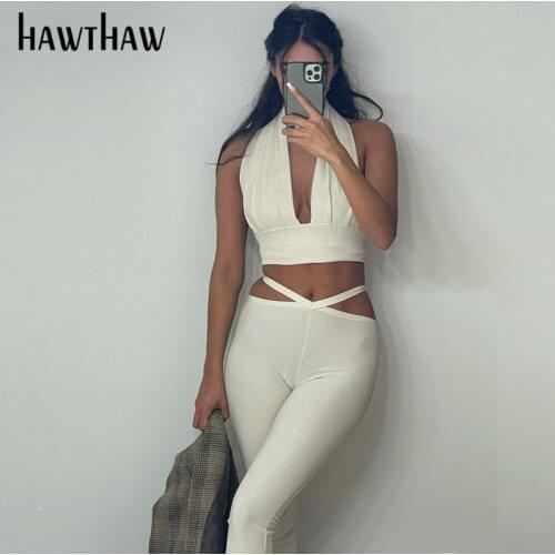 Hawthaw Women Summer Halter V Neck Tank Tops Slim Pencil Long Pants Soild Color Two Pieces Set 2021 Female Clothing Streetwear