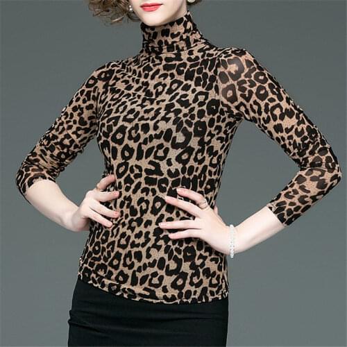 Womens Spring Autumn Style Blouse Shirt Womens Slim Leopard Turtleneck Long Sleeve Casual Mesh Tops SP1353