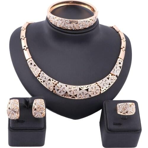 Women Dubai Gold Color Full Rhinestone Fine Jewelry Sets Trendy Nigerian Wedding African Beads Party Gift Set
