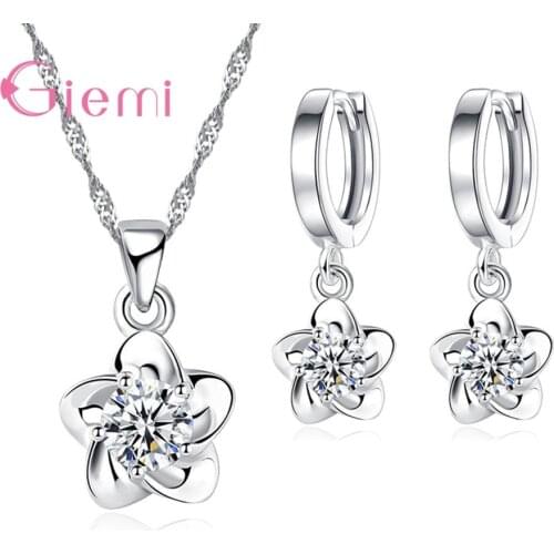 Fashion Simple 925 Sterling Silver Plum Blossom Pendant Necklace Earring for Women Girl Cubic Zircon Jewelry Sets Bijoux
