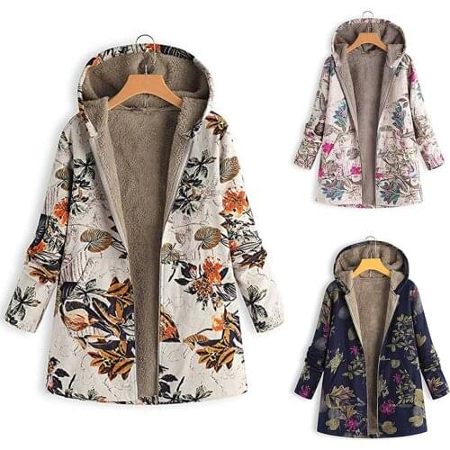 Winter Jackets Womens Warm Coat Outwear Print Hooded With Pockets Vintage Coats Casual Female Cardigan Куртка Женская