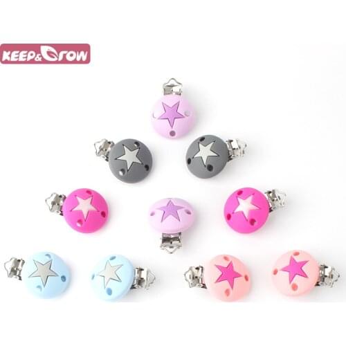 Keep grow 1pcs colourful star Silicone Teether metal clip Pacifier silicone rodent DIY Baby Teether Necklace Pendant Clamp