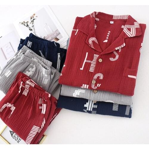 2021 Japanese spring and autumn mens pajamas two-piece 100% cotton long-sleeved trousers simple letters loose home service set