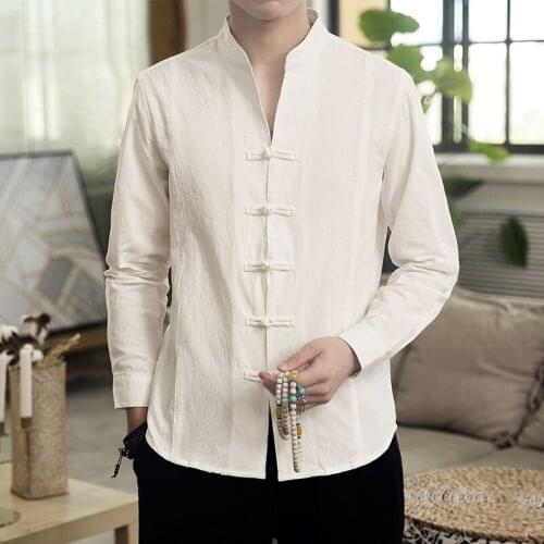 #4506 Spring 2019 Cotton Linen Shirt Men Mandarin Collar Slim Fit Solid Chinese Style Plate Buckle Casual Retro Shirt For Men