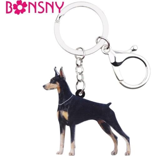 Bonsny Acrylic Cartoon Doberman Pinscher Dog Key Chains Keyrings Women Girl Ladies Men Handbag Car Charms Animal Jewelry Bulk
