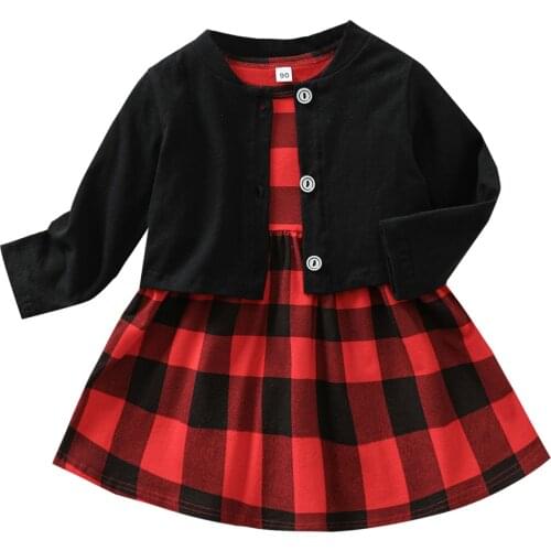 2Pcs Kids Autumn Outfit, Plaid O-Neck Long Sleeves Loose Dress + Buttons Cardigan for Girls, 1-5 Years