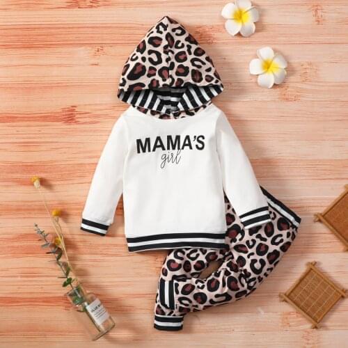 FOCUSNORM 0-4Y Autumn Kids Girls Causal Outfits Letter Long Sleeve Hooded Tops Leopard Printed Pants 2pcs Clothes Sets