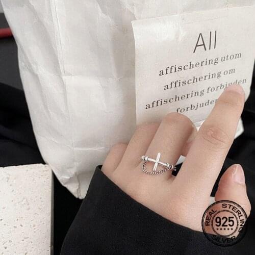 Hip-hop Cross Chain S925 Silver Rings For Women Adjustable Vintage Punk Hip Hop Fashion Female Party Jewelry INEFFA Wholesale