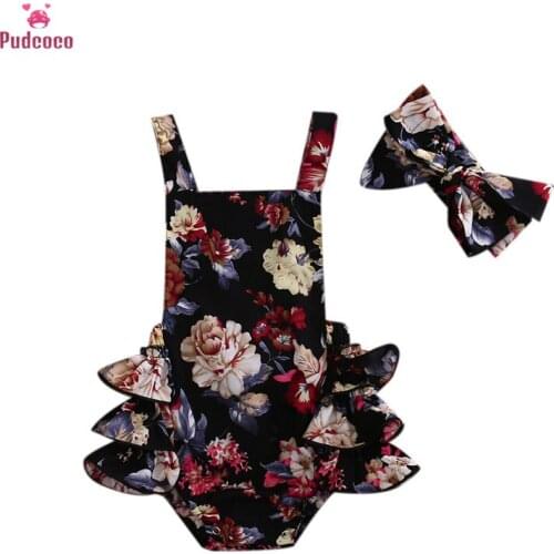 Newborn Toddler Kids Clothes Baby Girls Print Flower Romper Onesie Sleeveless Jumpsuit+Headband Outfits Baby Clothing