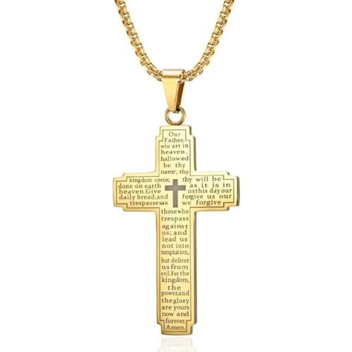 Stainless Steel Gold Black Bible Verse Cross Pendant Necklace Jewelry Men Women Fashion Christ Gift For Him with Chain